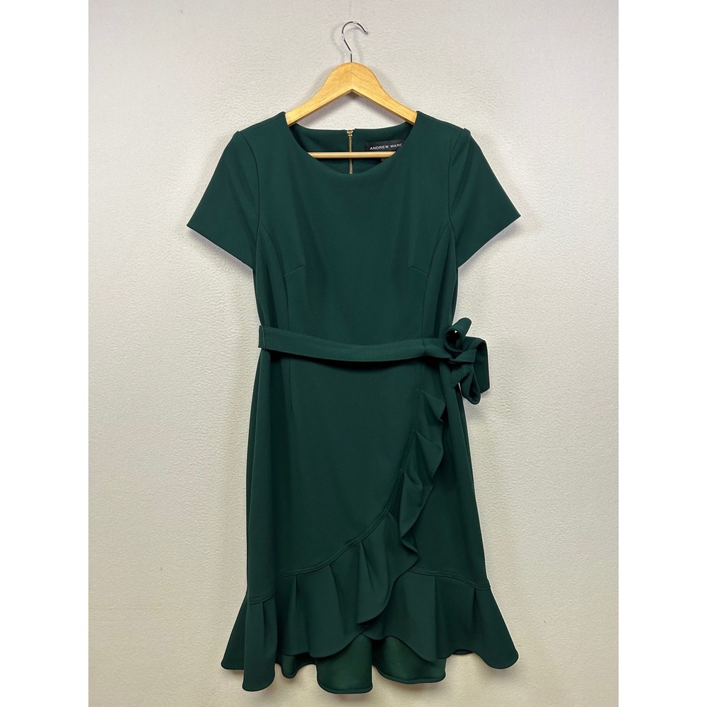Office Siren Andrew Marc Womens 10 Green Ruffle Faux Wrap Sheath Dress